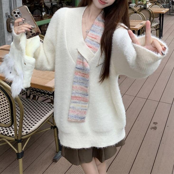 Long Sleeve V-Neck Scarf Panel Oversized Sweater product image