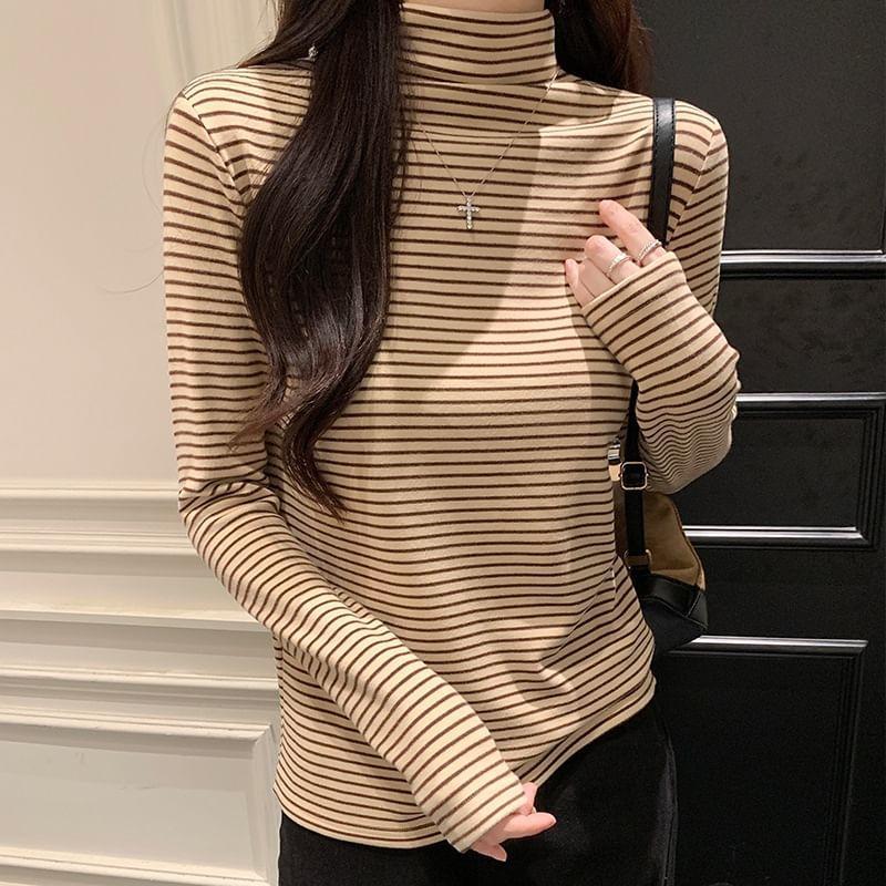 Long-Sleeve Mock Neck Striped Tee Product Image