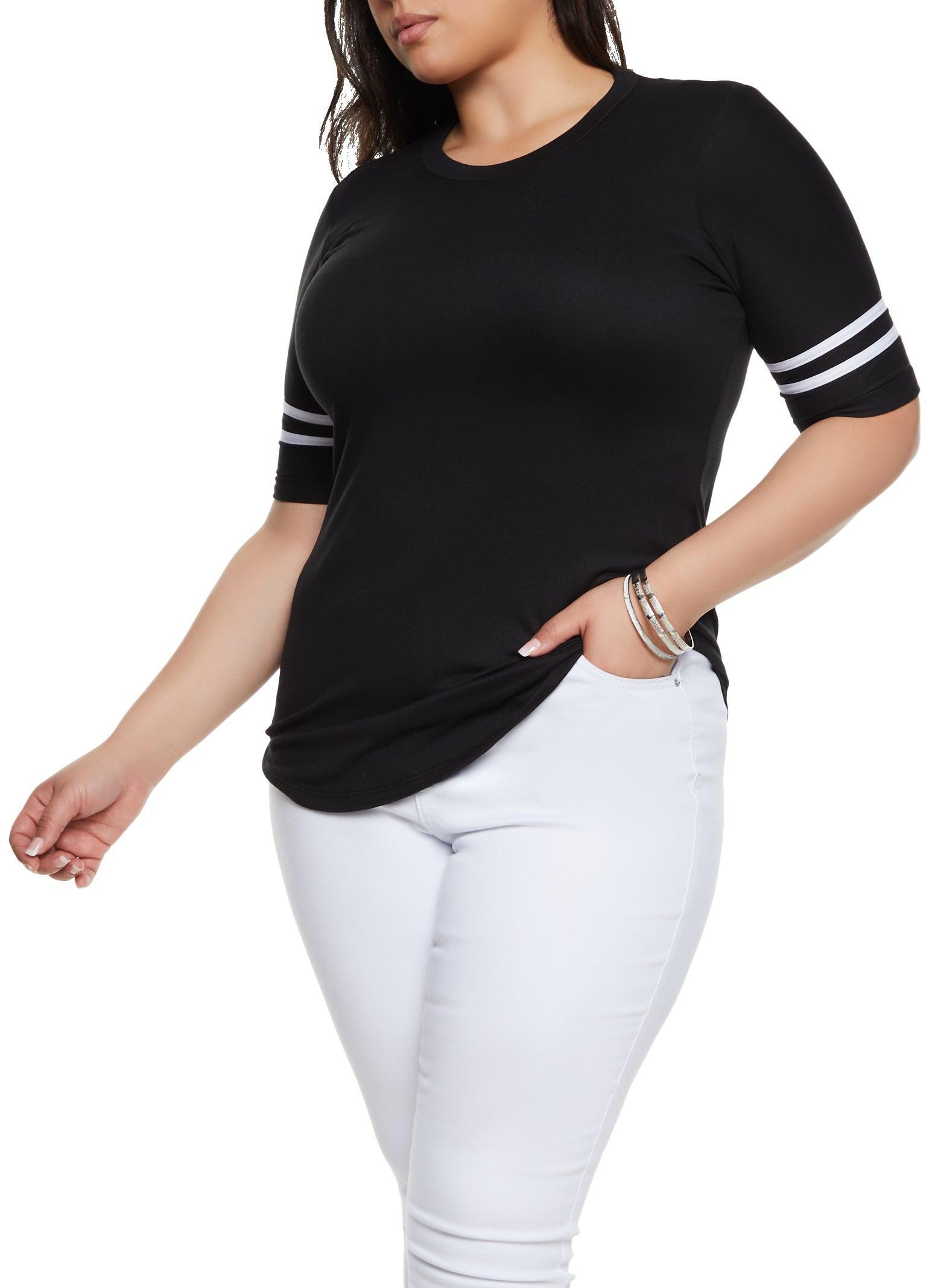 Womens Plus Size Varsity Striped Sleeve T Shirt Product Image