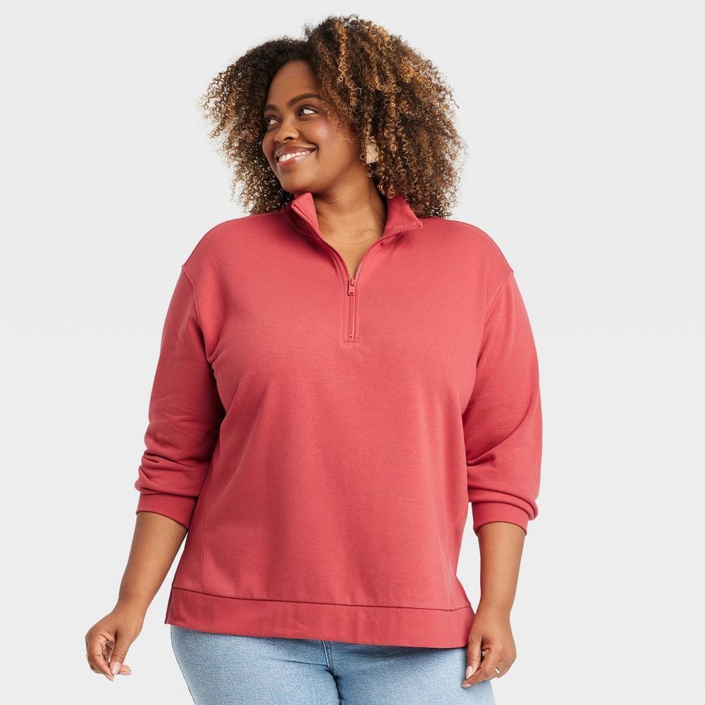 Womens Quarter Zip Pullover Sweatshirt - Ava & Viv Rose Red 3X Product Image