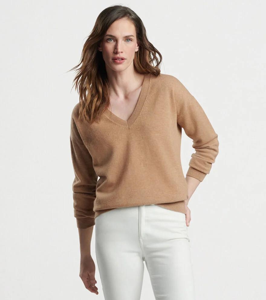 Peter Millar Womens Artisan Crafted Cashmere V-Neck Sweater | Color: Camel | Size: M product image