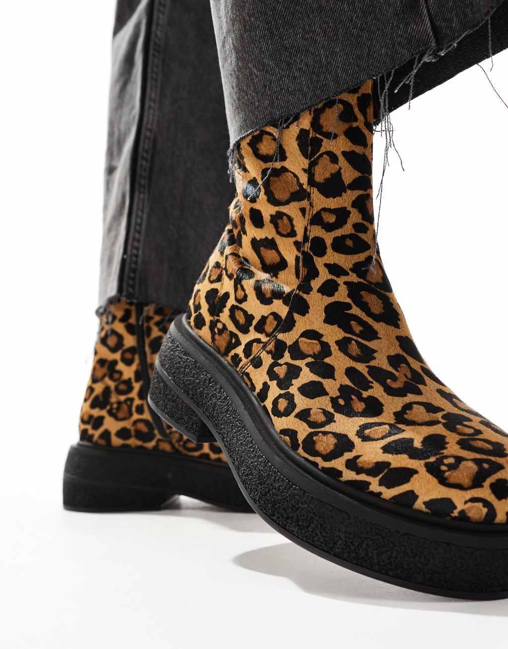 ASOS DESIGN Achieve flat leather boots in leopard  Product Image