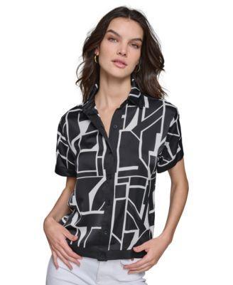 Women's Geo-Print Short-Sleeve Button-Front Top Product Image