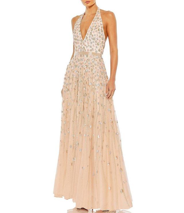 Mac Duggal Floral Embellishment Halter Plunge V-Neck Sleeveless Chiffon Gown Product Image