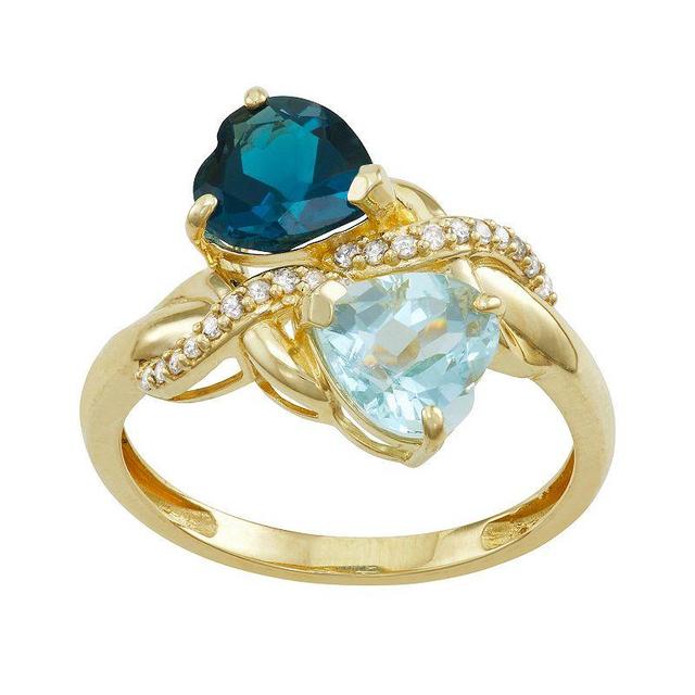 Tiara 10k Gold Blue Topaz & 1/10 Carat T.W. Diamond Double Heart Ring, Womens Product Image