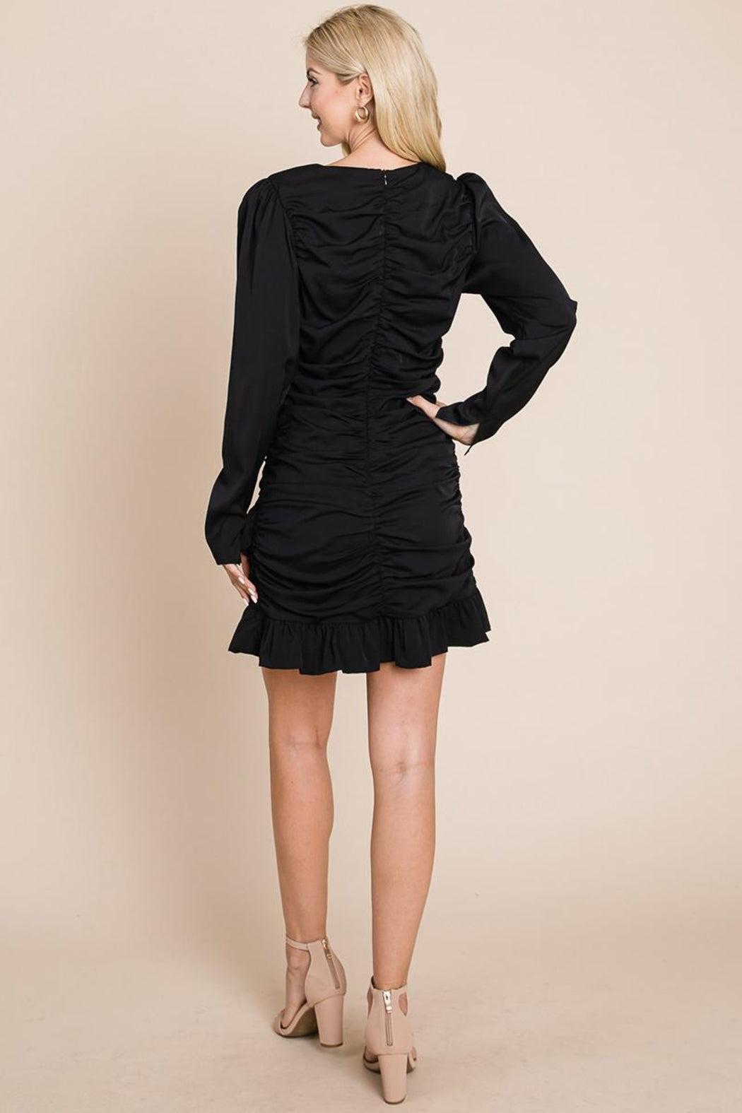 Long Sleeve Ruched Frill Hem Mini Dress Product Image