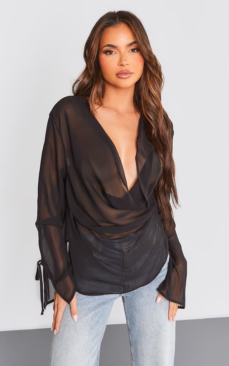 Black Chiffon Cowl Long Sleeve Blouse Product Image