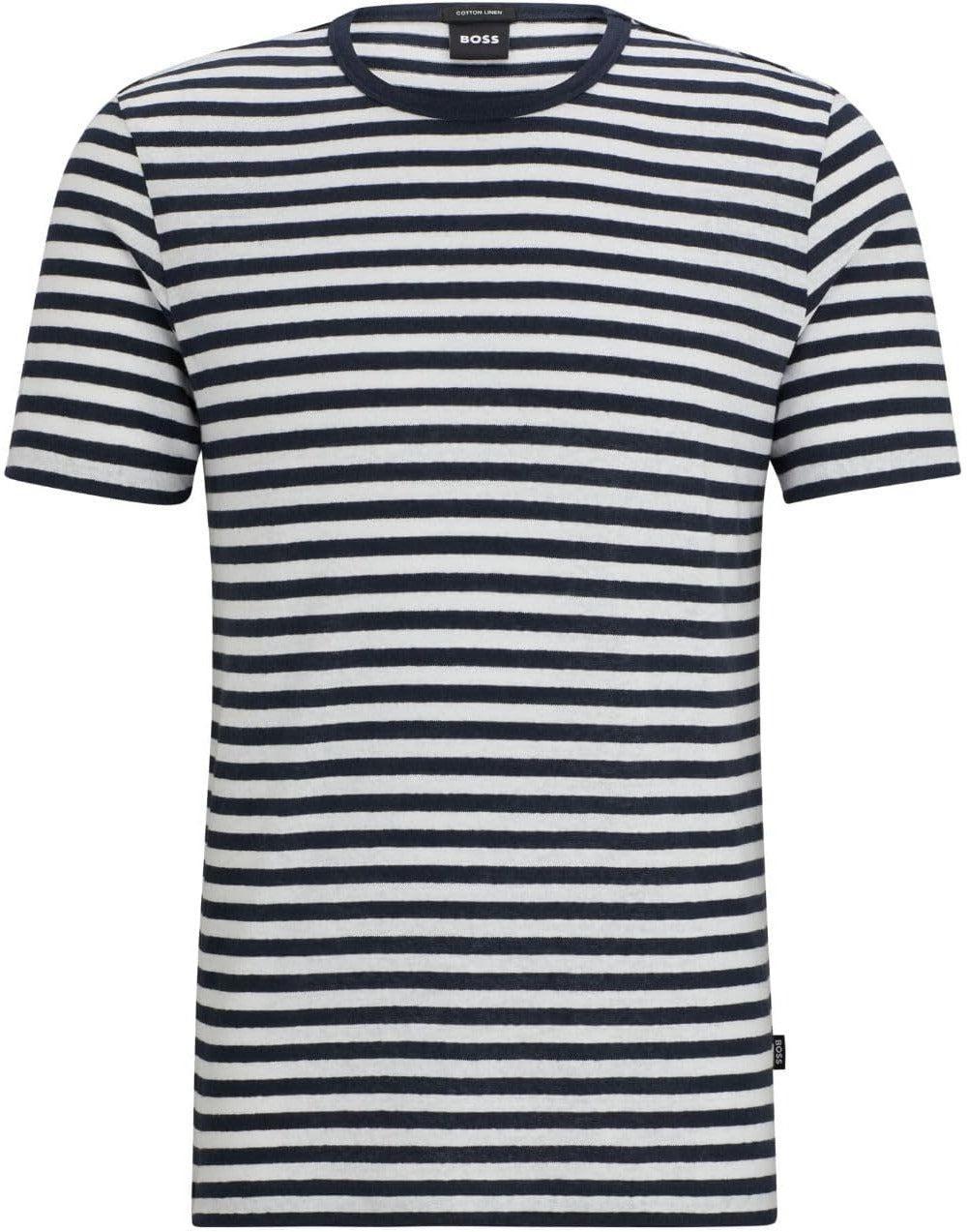 HUGO BOSS Men's Tiburt 457 Striped Linen Short Sleeve Crew Neck T-shirt, Navy/white In Dark Blue Product Image