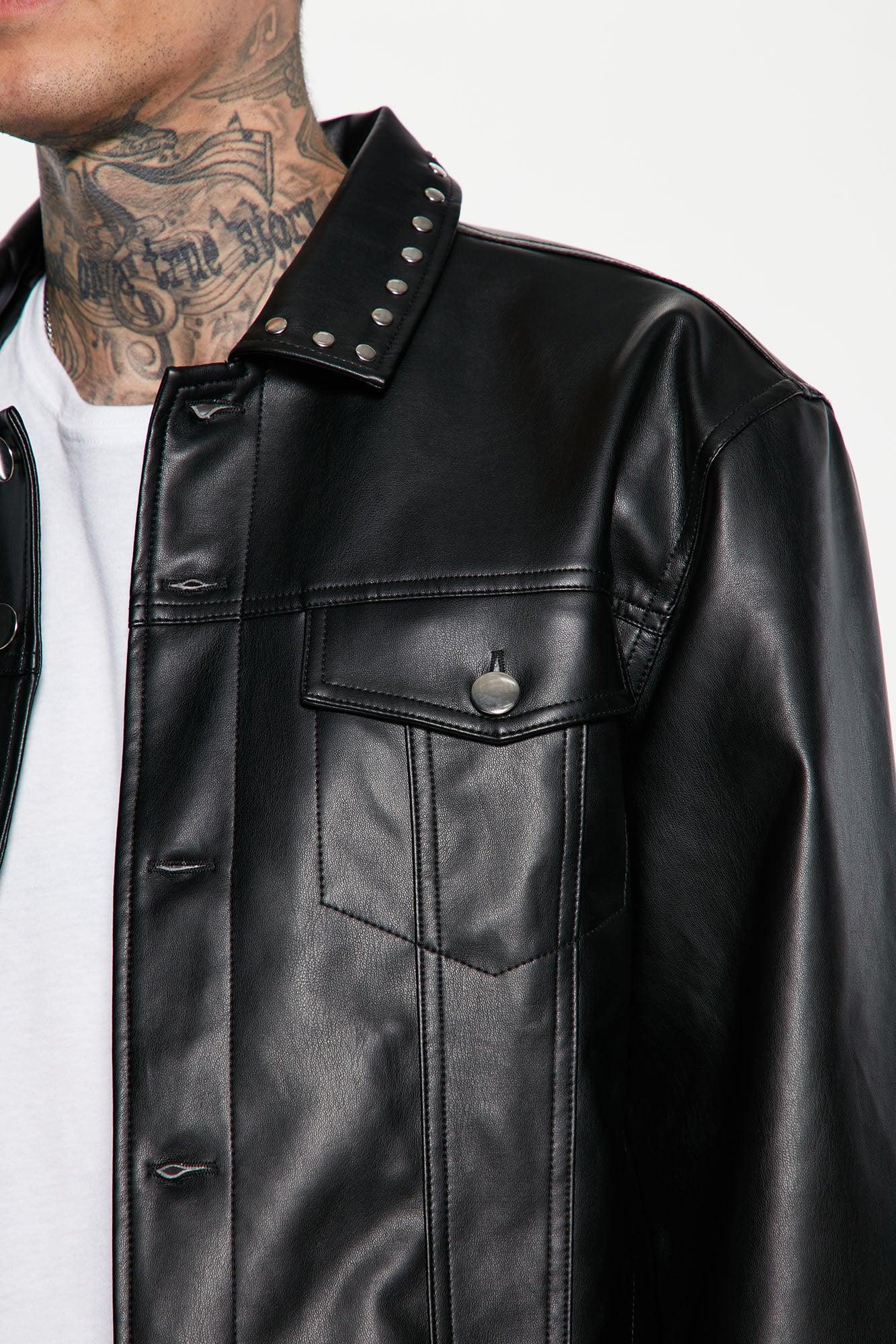 Faux Leather Studded Collar Trucker Jacket - Black Product Image