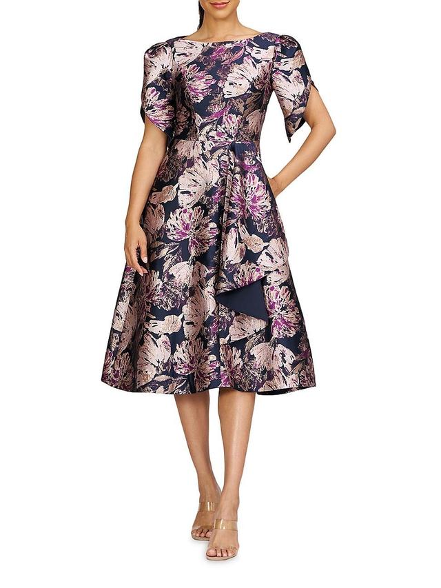 Womens Natasha Floral Metallic Jacquard Short-Sleeve Midi-Dress Product Image