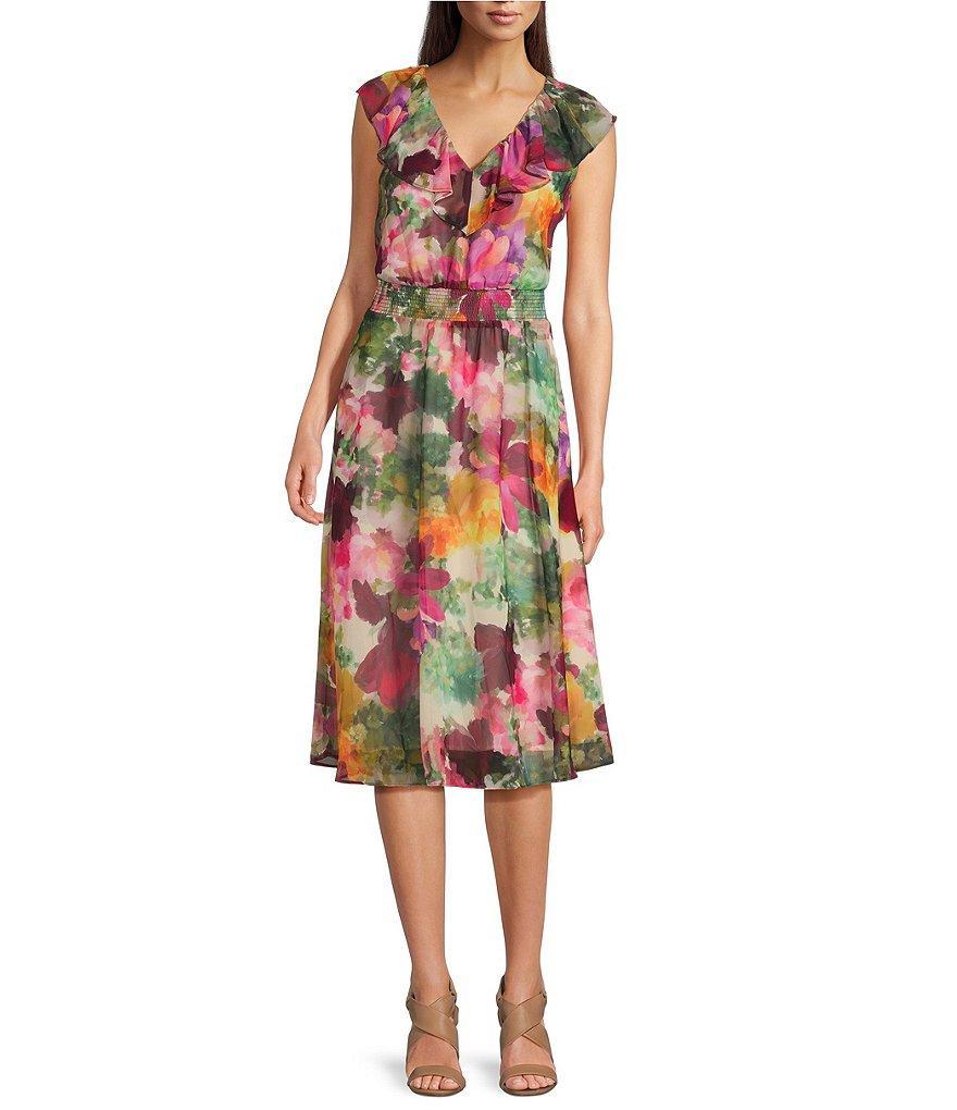 Vince Camuto Floral Chiffon V-Neck Sleeveless Smocked Waist Fit and Flare Midi Dress Product Image