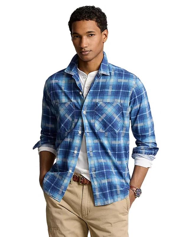 Cotton Flannel Plaid Classic Fit Button Down Camp Shirt In Blue Multi Product Image