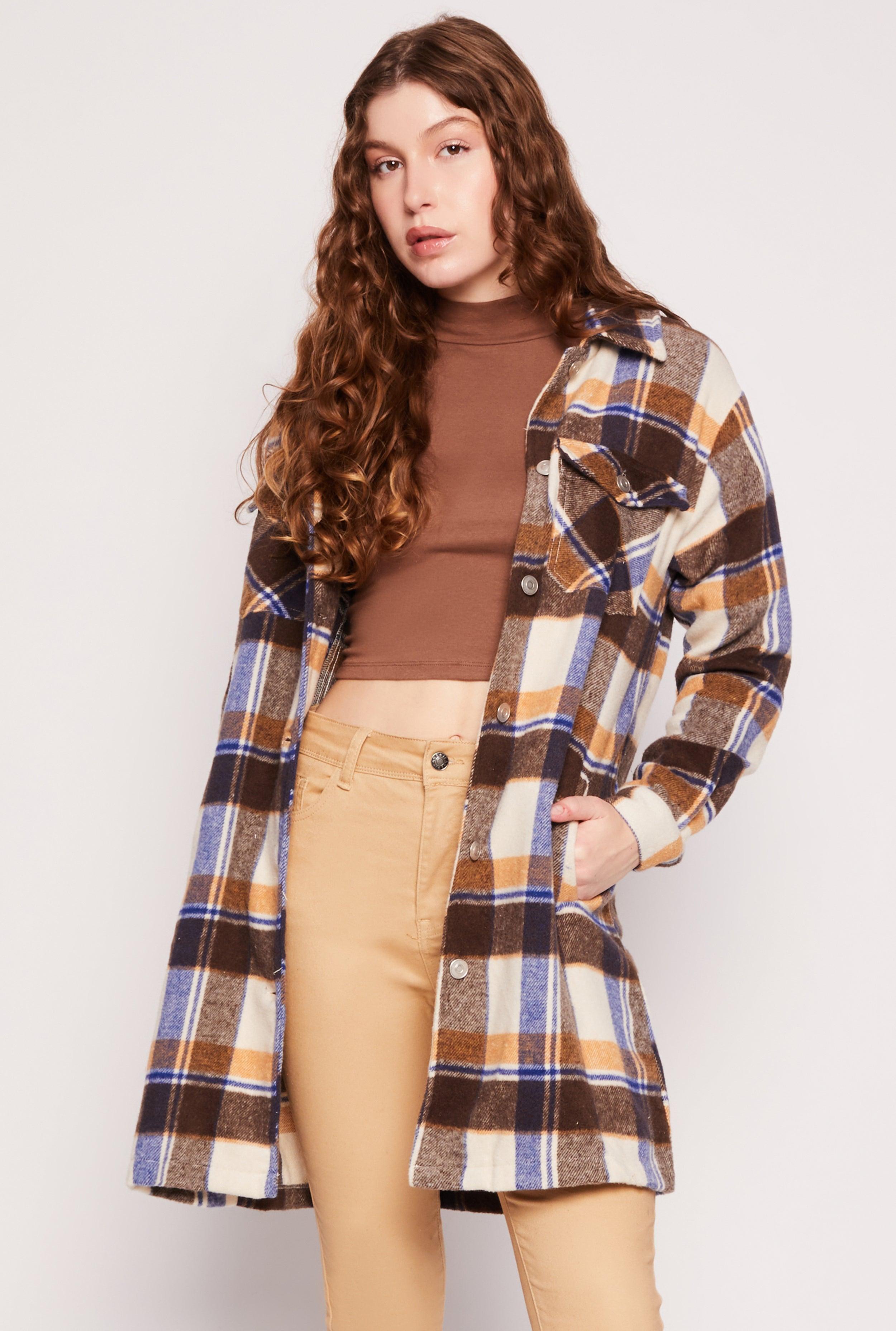 Womens Spoon Jeans Brushed Knit Plaid Long Shacket Product Image