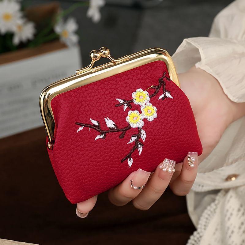 Floral Embroidered Faux Leather Coin Purse Product Image