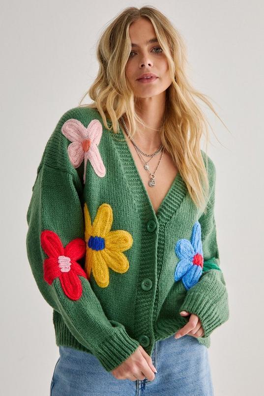 Chunky Knit Flower Detail Cardigan Product Image