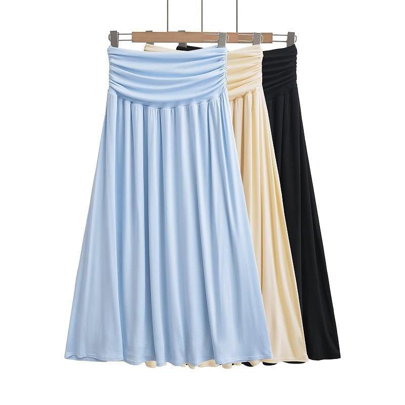 Long-Sleeve Off-Shoulder Plain Ruched Crop Slim Fit T-Shirt / High Waist Midi A-Line Skirt Product Image