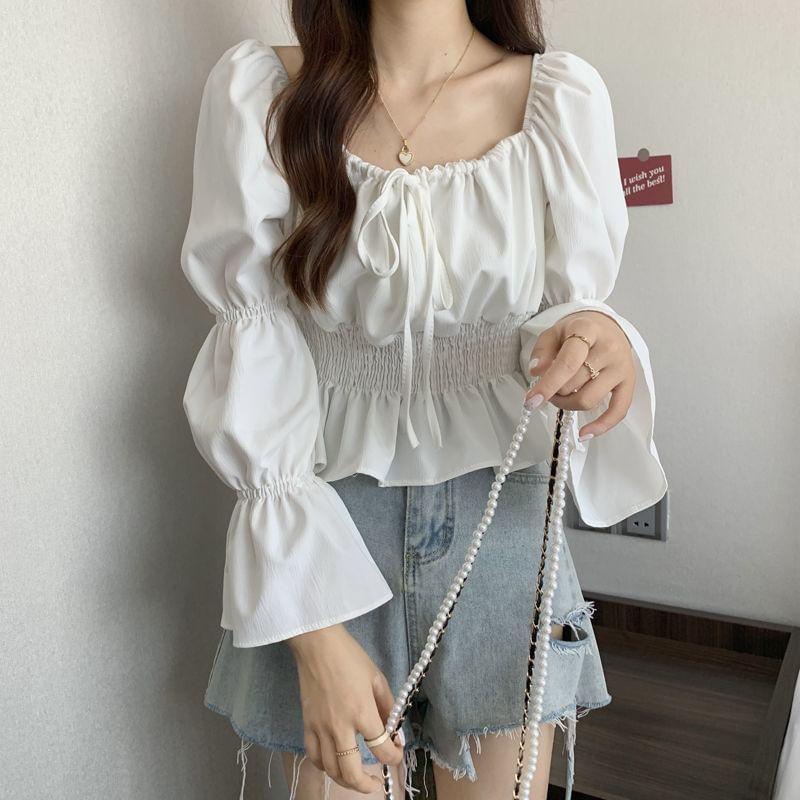 Puff-Sleeve Plain Bow Peplum Blouse Product Image