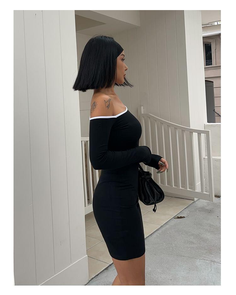 Long-Sleeve One-Shoulder Plain Contrast Trim Mini Sheath Dress / T-Shirt Product Image