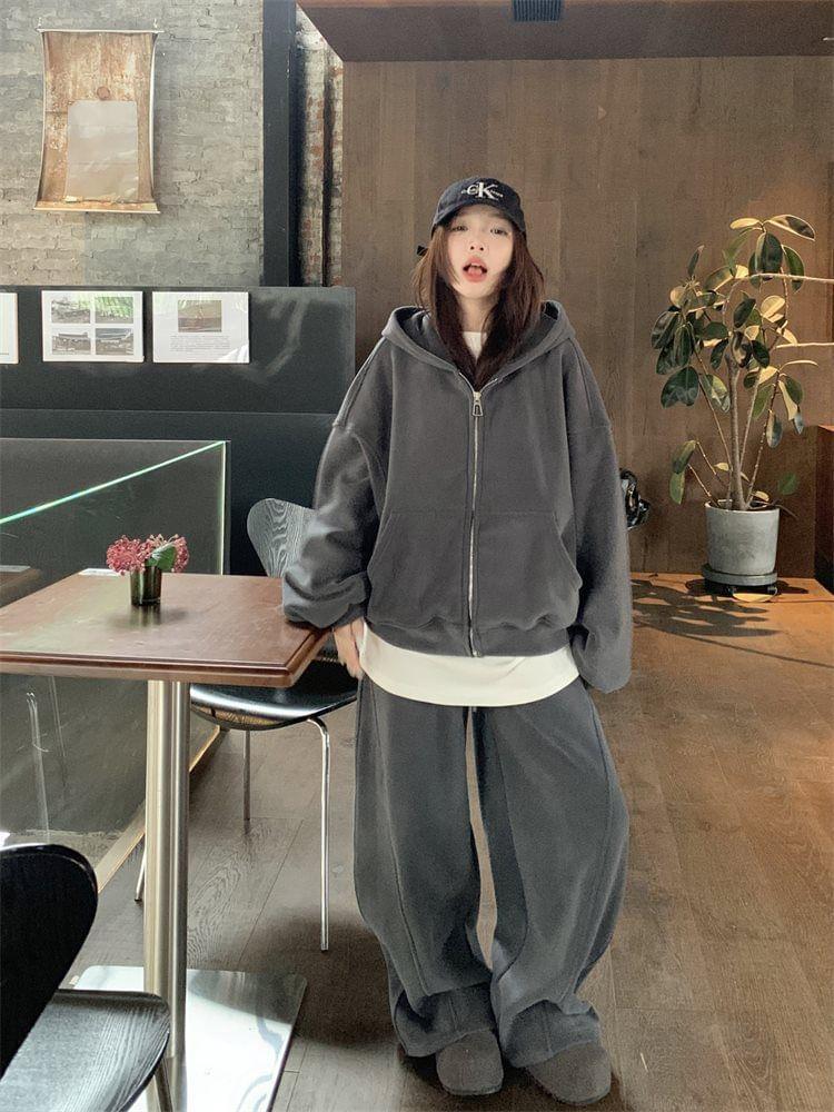 Long-Sleeve Crew Neck Plain T-Shirt / Zip-Up Hoodie / High Rise Wide Leg Sweatpants Product Image