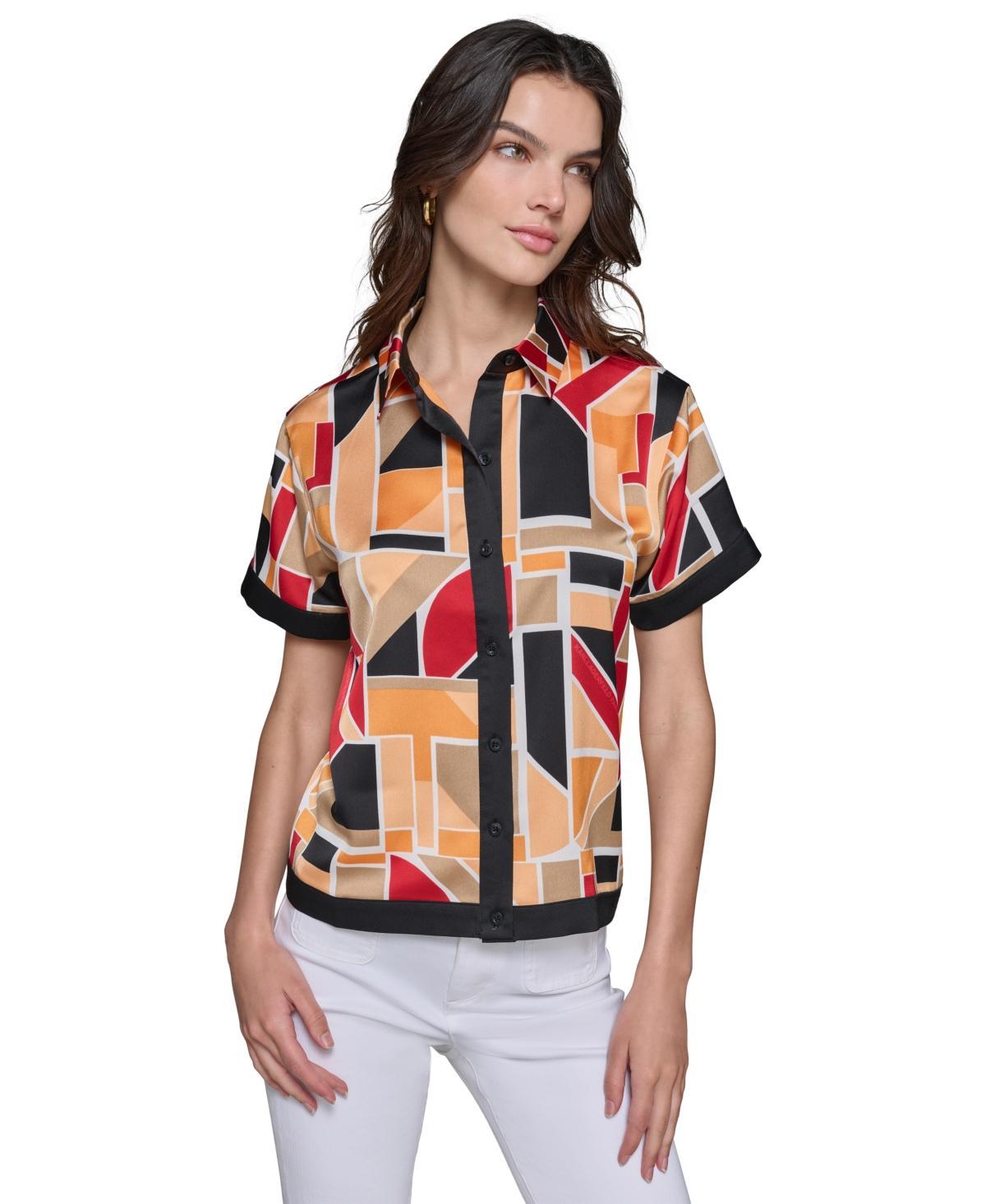 Women's Geo-Print Short-Sleeve Button-Front Top Product Image