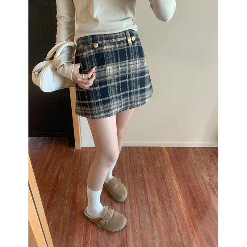 High Rise Plaid Mini A-Line Skirt Product Image