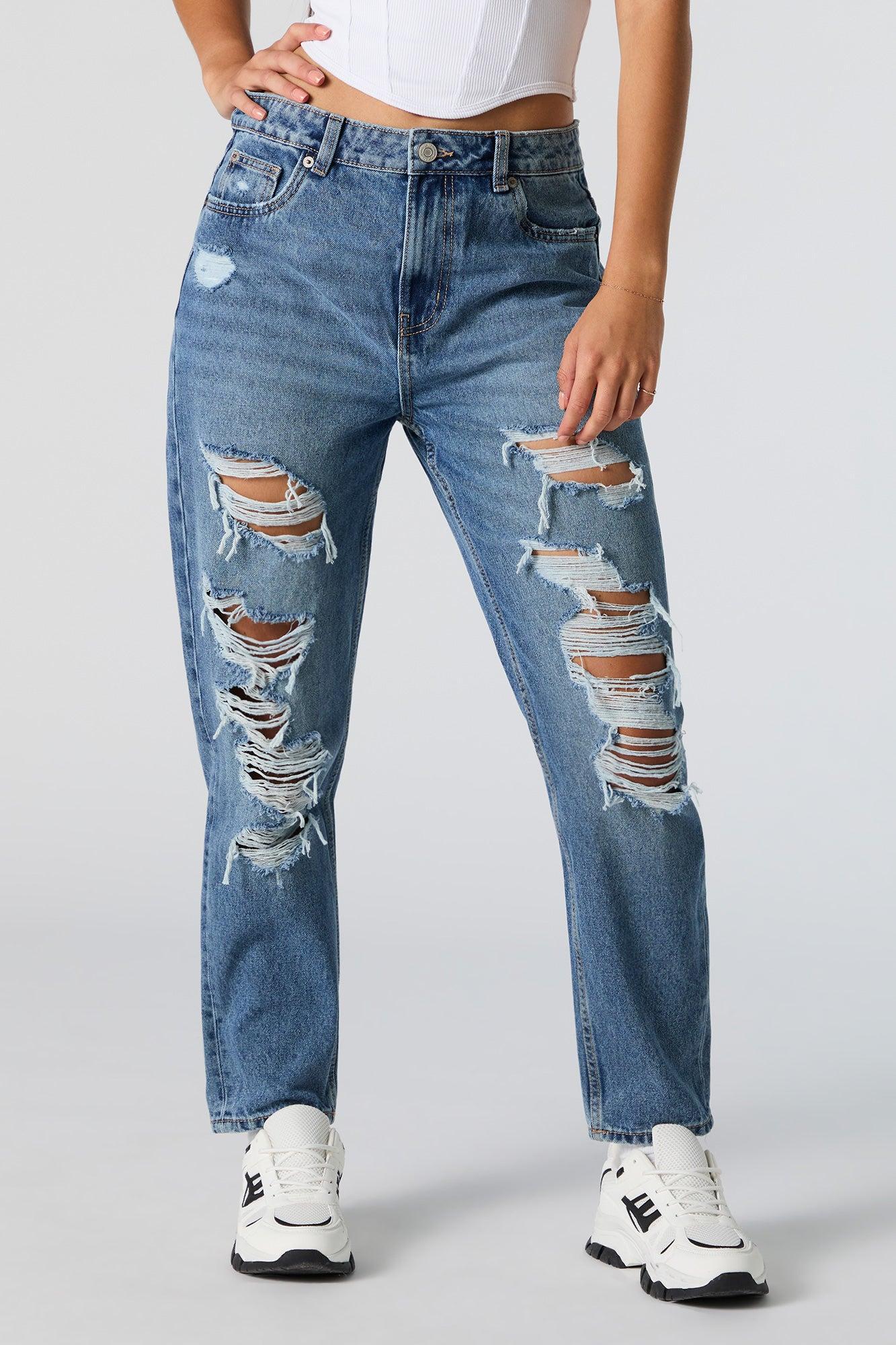 Distressed High Rise Medium Wash Mom Jean Female Product Image