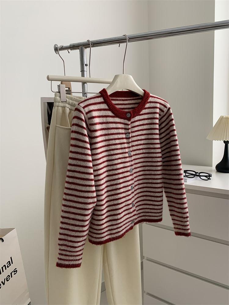 Round Neck Striped Cardigan Product Image