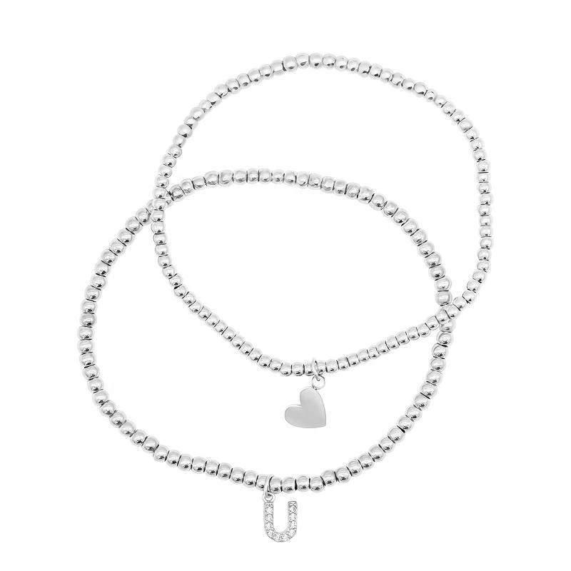 Adornia Silver Tone Mini Cubic Zirconia Initial Stretch Bracelet Set, Womens Silver Tone U Product Image