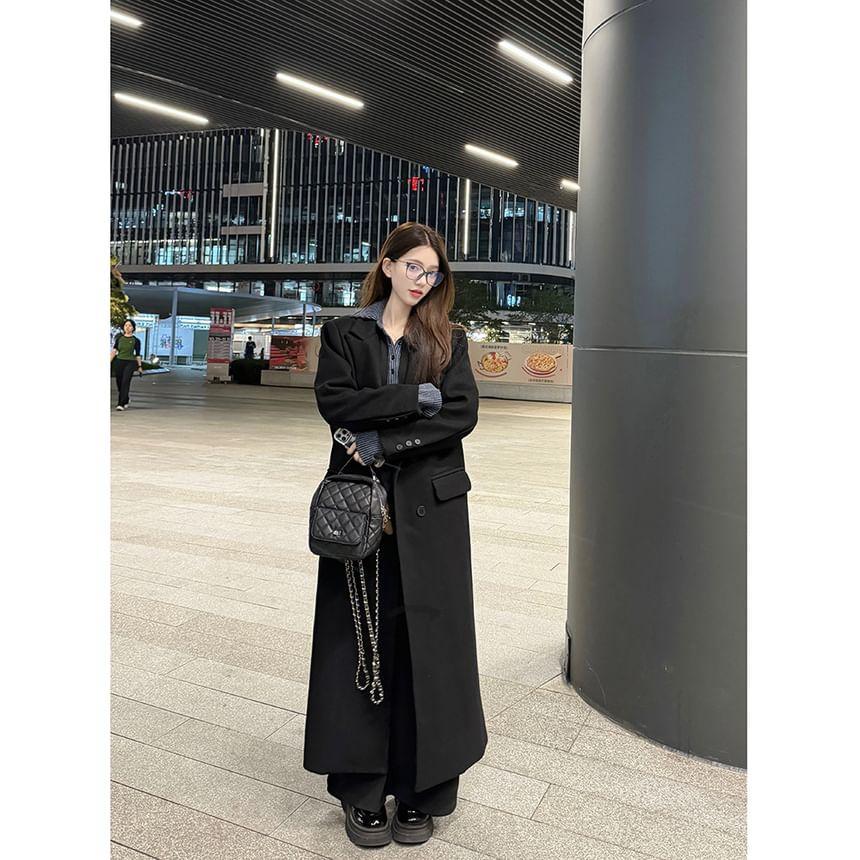 Long-Sleeve Collared Striped Panel Maxi A-Line Knit Dress Product Image