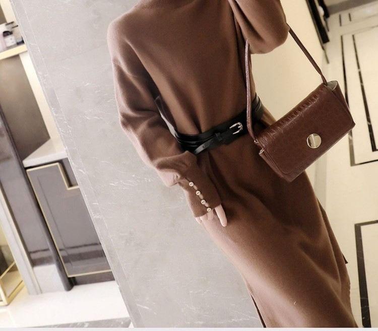 Long-Sleeve Mock Neck Plain Midi Sheath Knit Dress Product Image