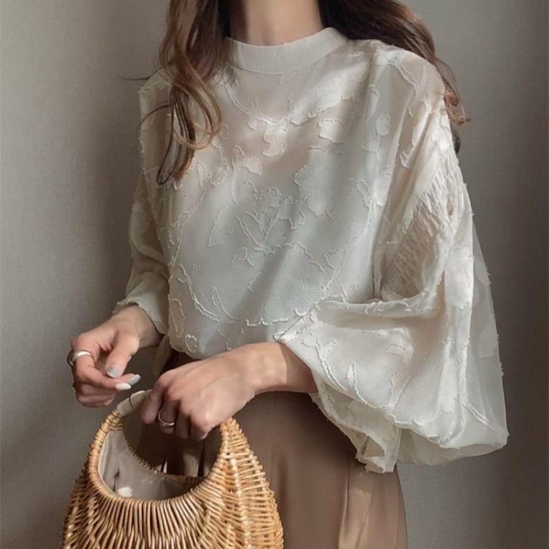 Balloon Sleeve Mock Neck Jacquard Blouse Product Image