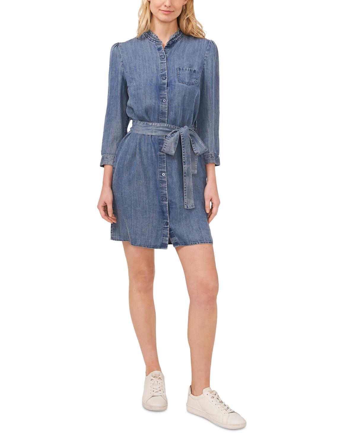 CeCe Womens Denim Tie Waist Button Front Shirtdress product image