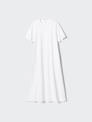 Womens Airism Cotton Short Sleeve T-Shirt Dress with Quick-Drying White Large UNIQLO US Product Image