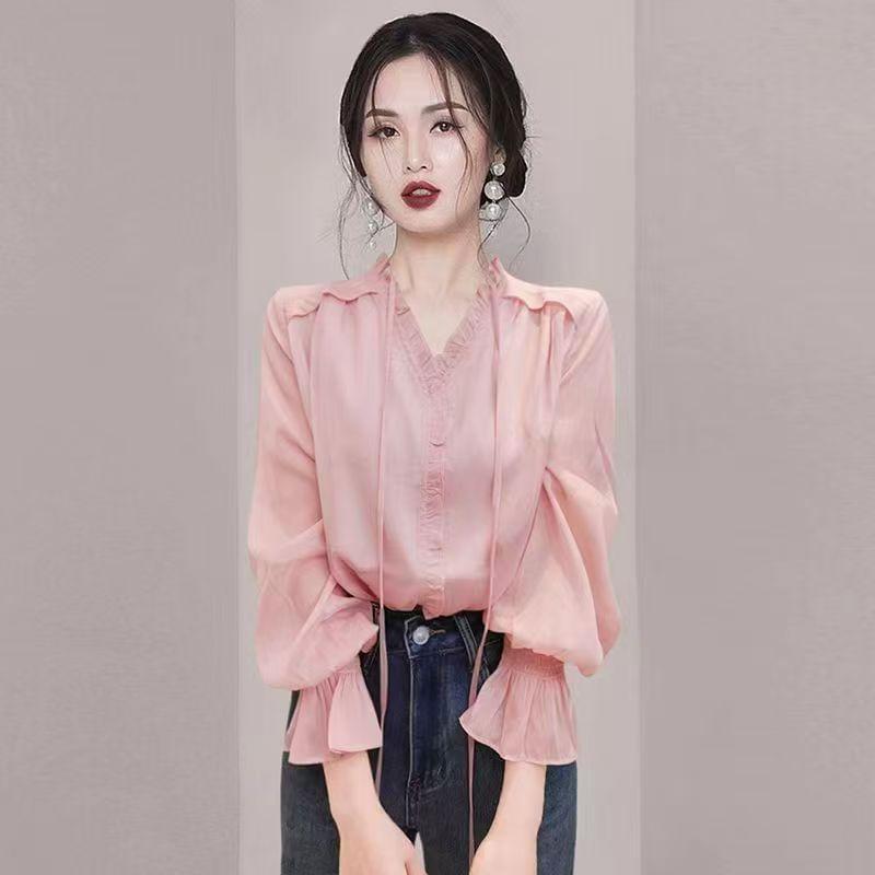 Long-Sleeve V-Neck Plain Frill Trim Blouse Product Image