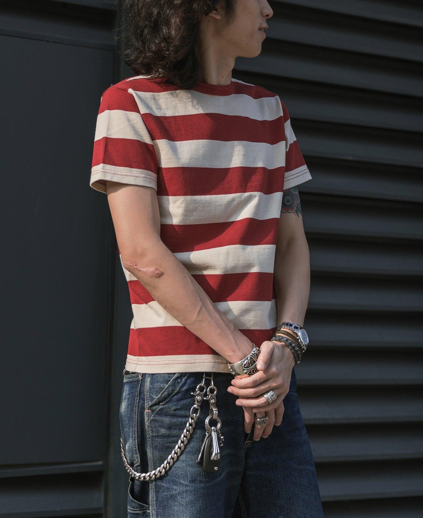 Heavyweight Cotton Wide Striped T-Shirt - Red/Apricot Product Image