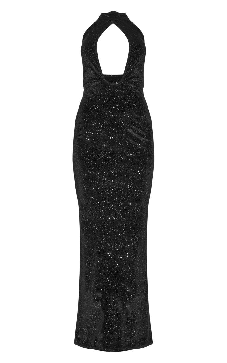 Black Glitter Velvet Halterneck Cut Out Maxi Dress Product Image