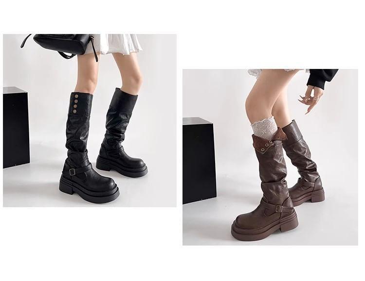 Platform Buckled Button Knee High Boots Product Image