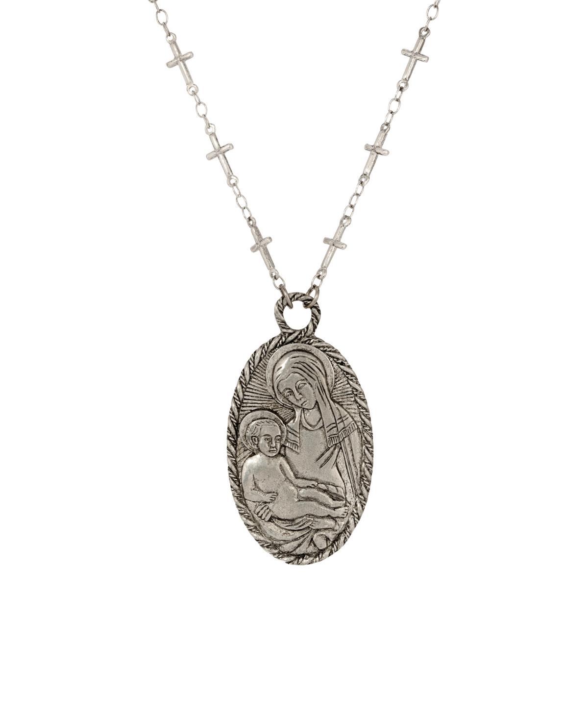 Symbols of Faith Silver Tone Oval Madonna & Child Pendant 26 Necklace, Womens Product Image