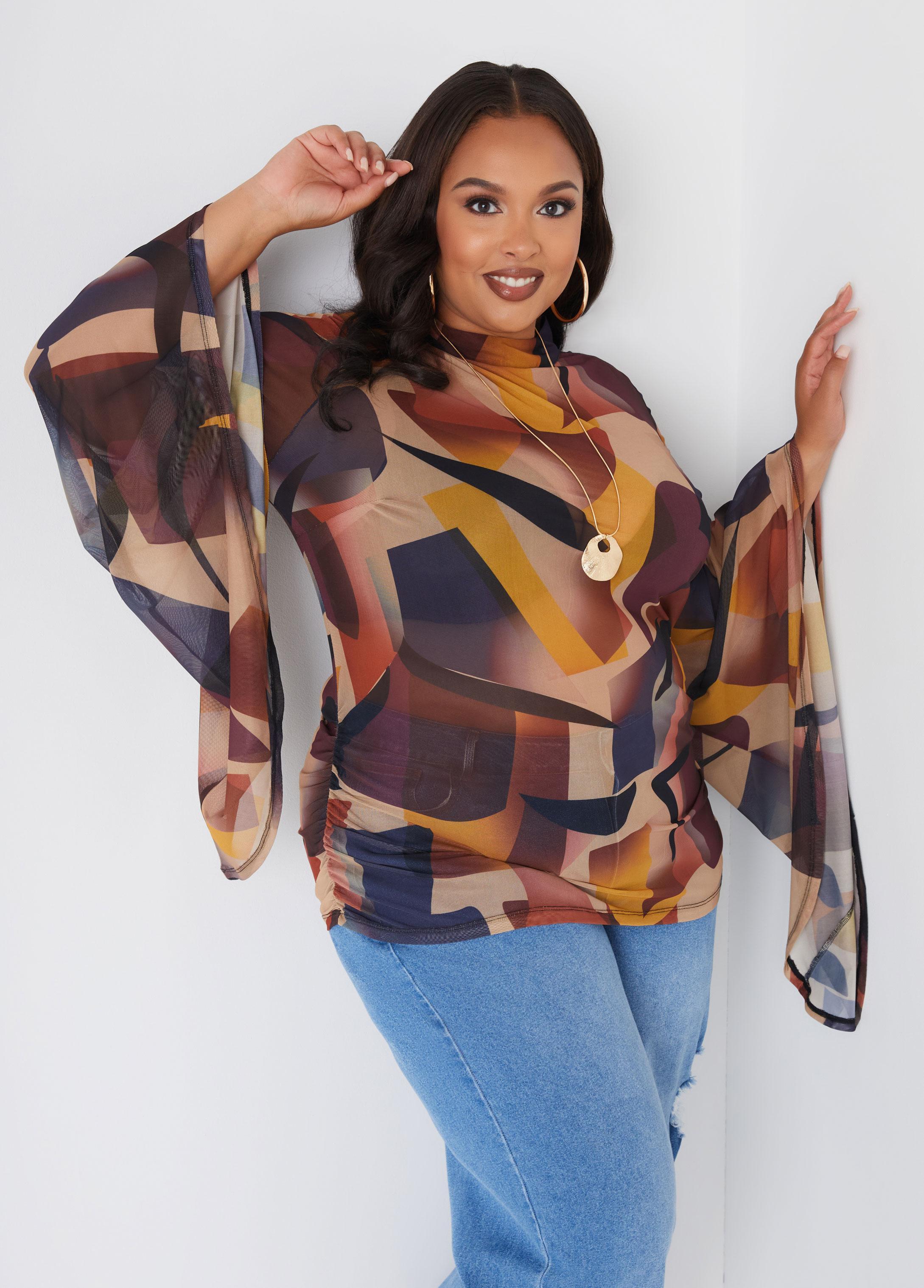 Plus Size Drama Sleeved Printed Mesh Top Ashley Stewart Product Image