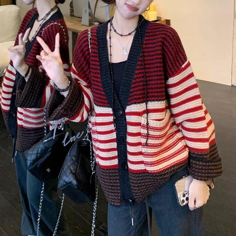 V-Neck Striped Button-Up Cardigan Product Image