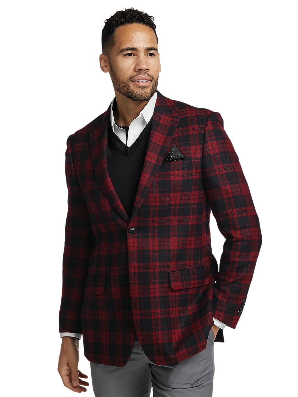 Wool Plaid Single Breasted Notch Lapel Sport Coat - Black/red Product Image