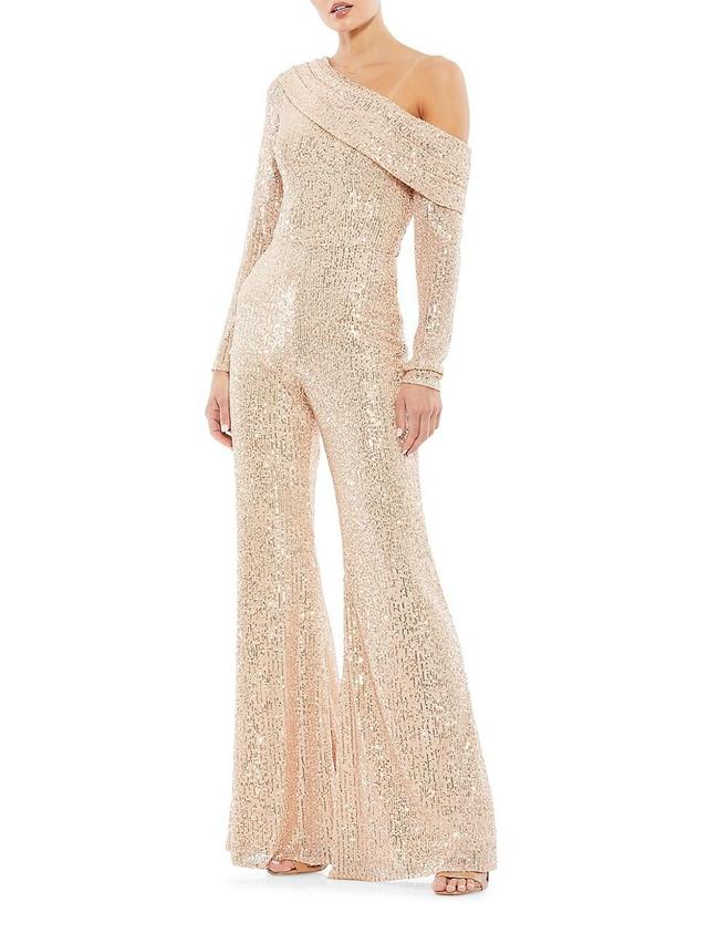 Mac Duggal Sequin One-Shoulder Long Sleeve Jumpsuit Product Image