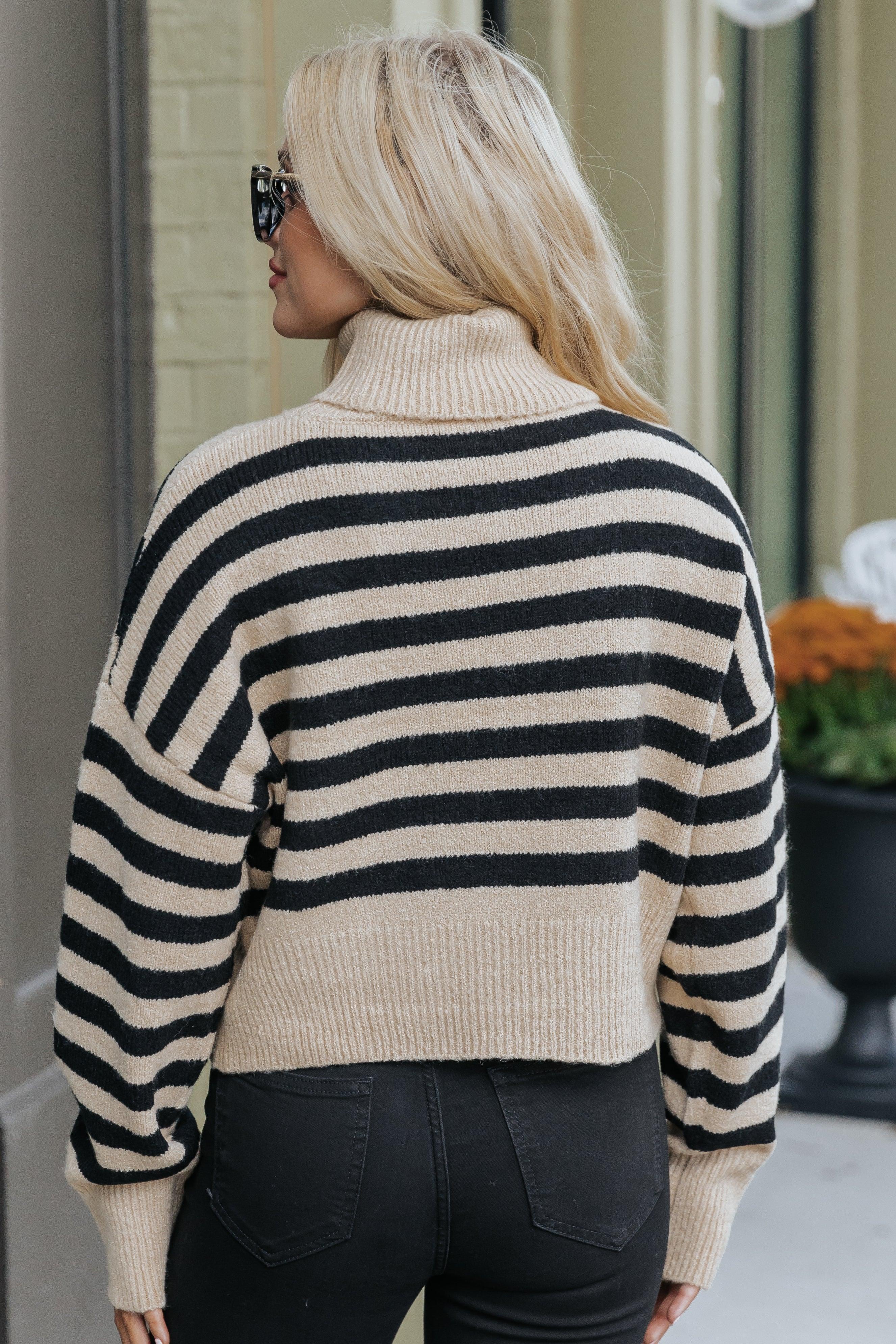 Beige and Black Striped Turtleneck Sweater Female Product Image