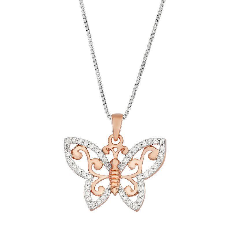 Two Tone Sterling Silver 1/5 Carat T.W. Diamond Butterfly Pendant, Womens Pink Tone Product Image