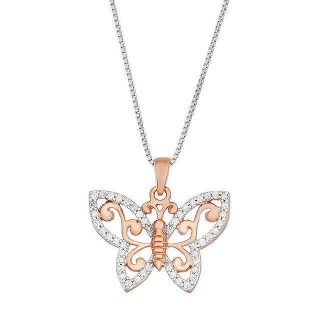 Two Tone Sterling Silver 1/5 Carat T.W. Diamond Butterfly Pendant, Womens Pink Tone Product Image