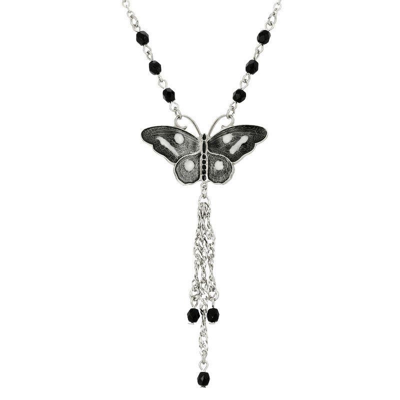 1928 Silver Tone Black & White Butterfly Tassel Necklace, Womens Product Image