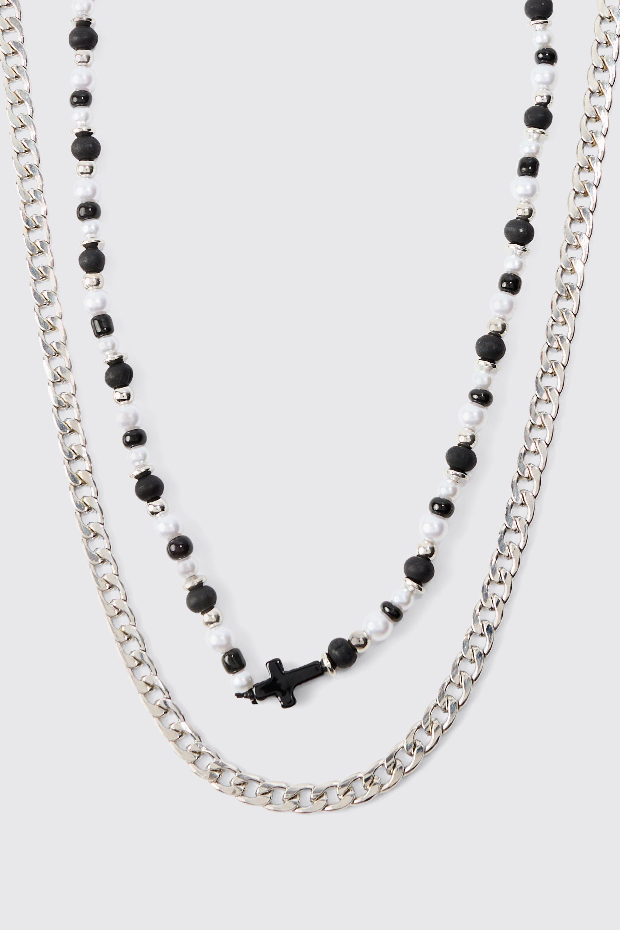 240mm 2 Pack Cross Beaded Necklace In Silver | boohooMAN USA Product Image