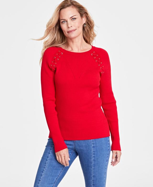 I.n.c. International Concepts Womens Lace-Up Ribbed-Knit Sweater, Created for Macys Product Image