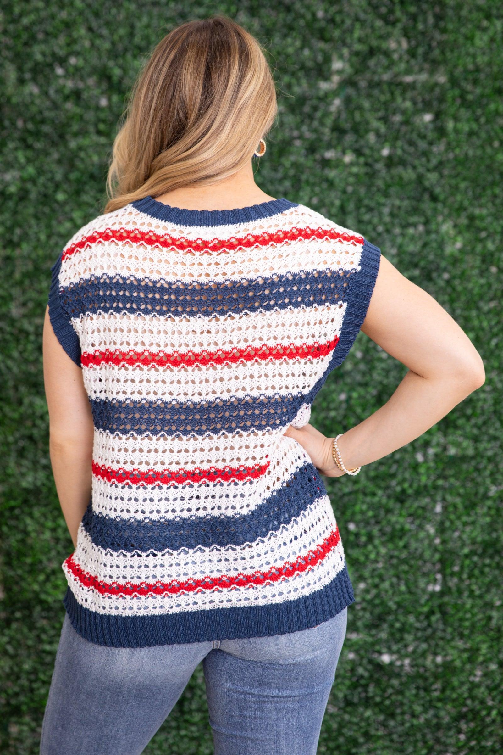 Navy and Red Stripe Netted Crochet Knit Top Product Image