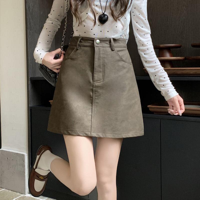 Faux Leather High Waist Plain Mini A-Line Skirt Product Image